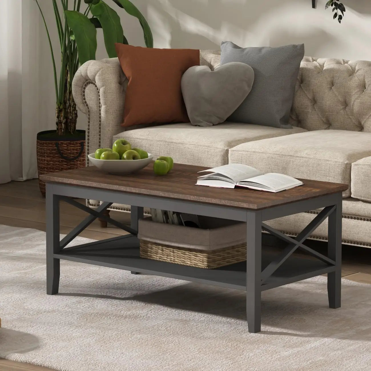 Coffee Table with Thicker Legs, Espresso Wood Coffee Table with Storage for Living Room 40 Inches