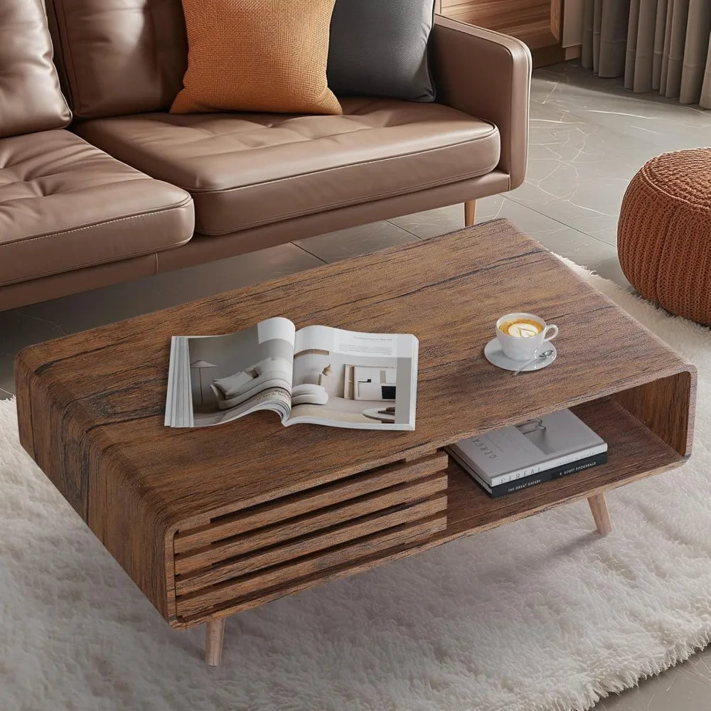 Coffee Table with Storage, Mid Century Modern Coffee Table for Living Room, Farmhouse, Rectangle Coffee Table