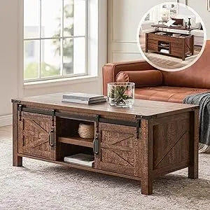 48" Farmhouse Lift Top Coffee Table with Sliding Barn Door,Rustic Center Table with Hidden Storage Compartment,Lifting Table