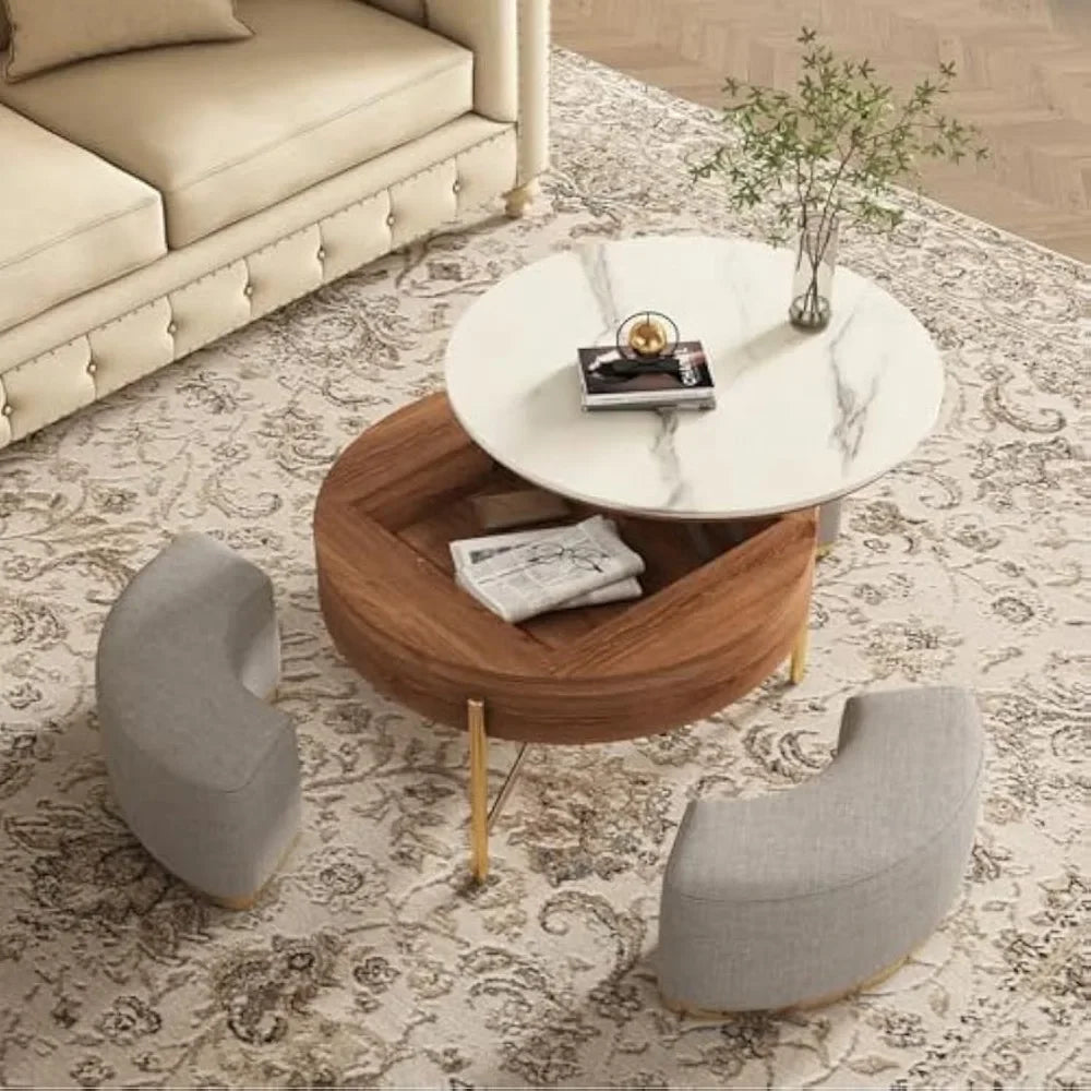 Coffee Table Set, Round Marble Tables with Storage and Nesting Ottomans, Lift Top Coffee Table Set