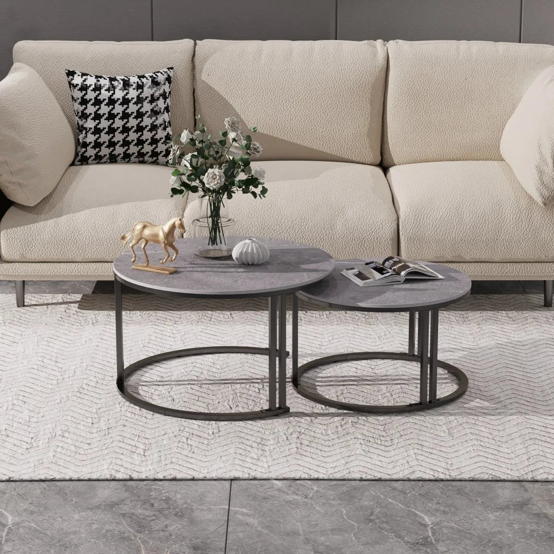 LUVODI Set of 2 Living Room Center Table Round White Grey Marble Nesting Coffee Table Sofa Side Tea Desk Space-saving