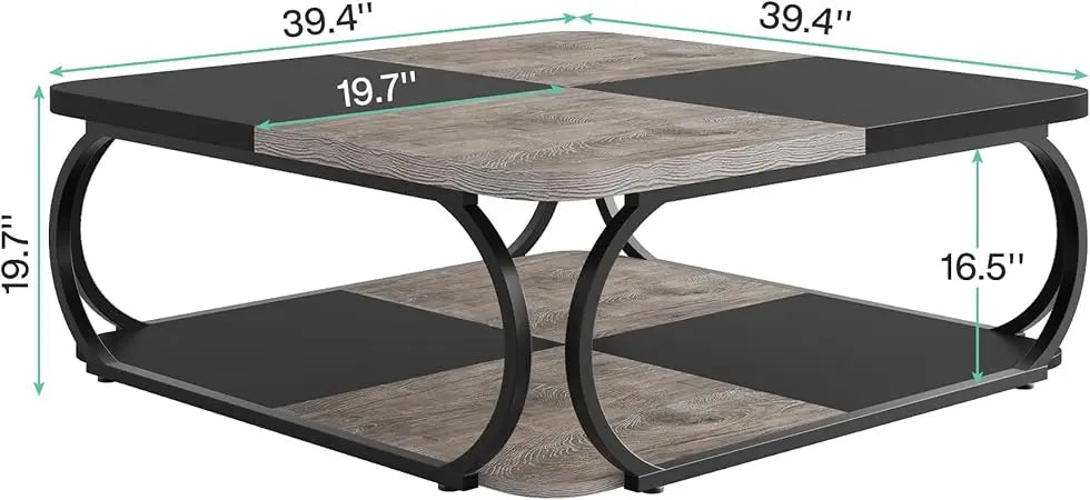 Square Coffee Table with 2 Tiers, 40 inches Low Farmhouse Coffee Table with Wood Storage Shelf Heavy Duty Metal Curved Frame