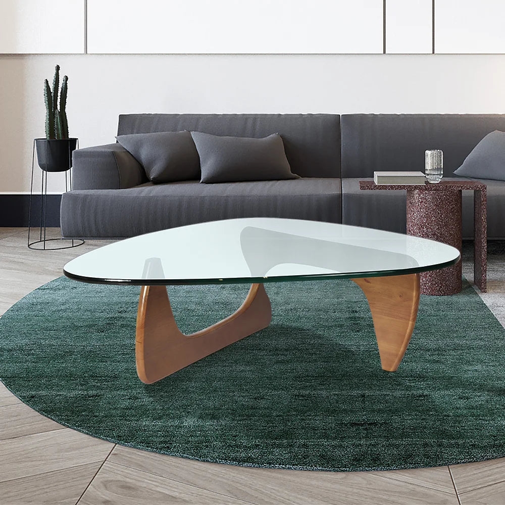 Triangle Glass Table Coffee Table Solid Wood Base Walnut and Clear Glass Top Modern End Table for Living Room, Patio, Study