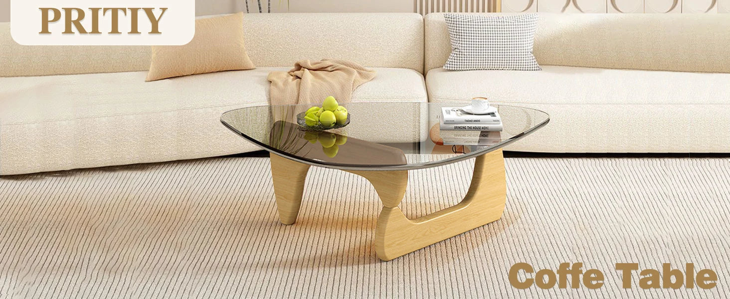 Triangle Glass Coffee Table with Solid Wood Base Minimalist Modern Design Mid (Raw wood/Transparent, Medium 35.8 * 25.5 * 16in)