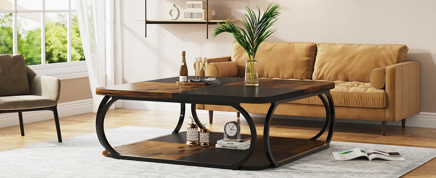 Square Coffee Table with 2 Tiers, 40 inches Low Farmhouse Coffee Table with Wood Storage Shelf Heavy Duty Metal Curved Frame