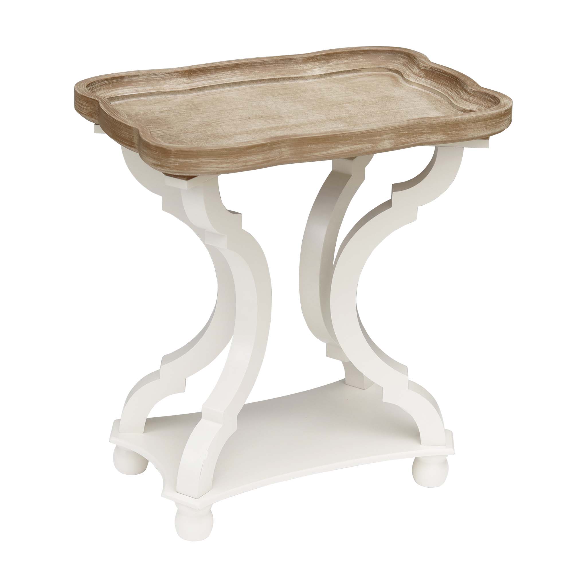 Rustic Wood Side Table with Tray Top and Carved Concave Legs