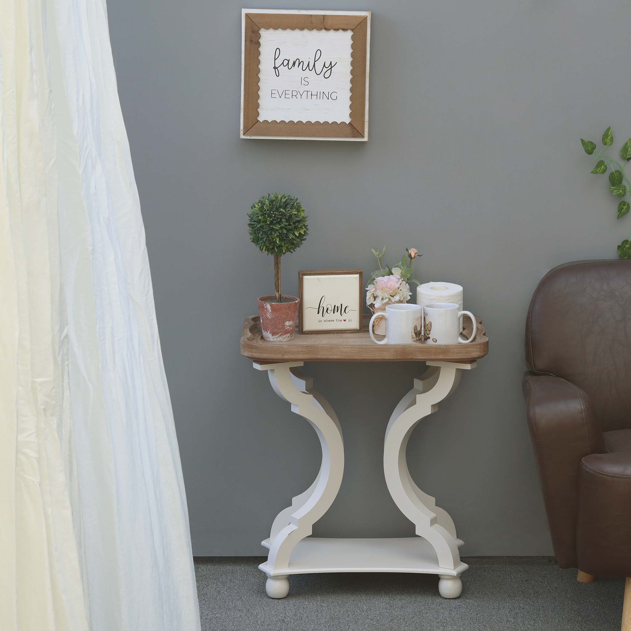 Rustic Wood Side Table with Tray Top and Carved Concave Legs