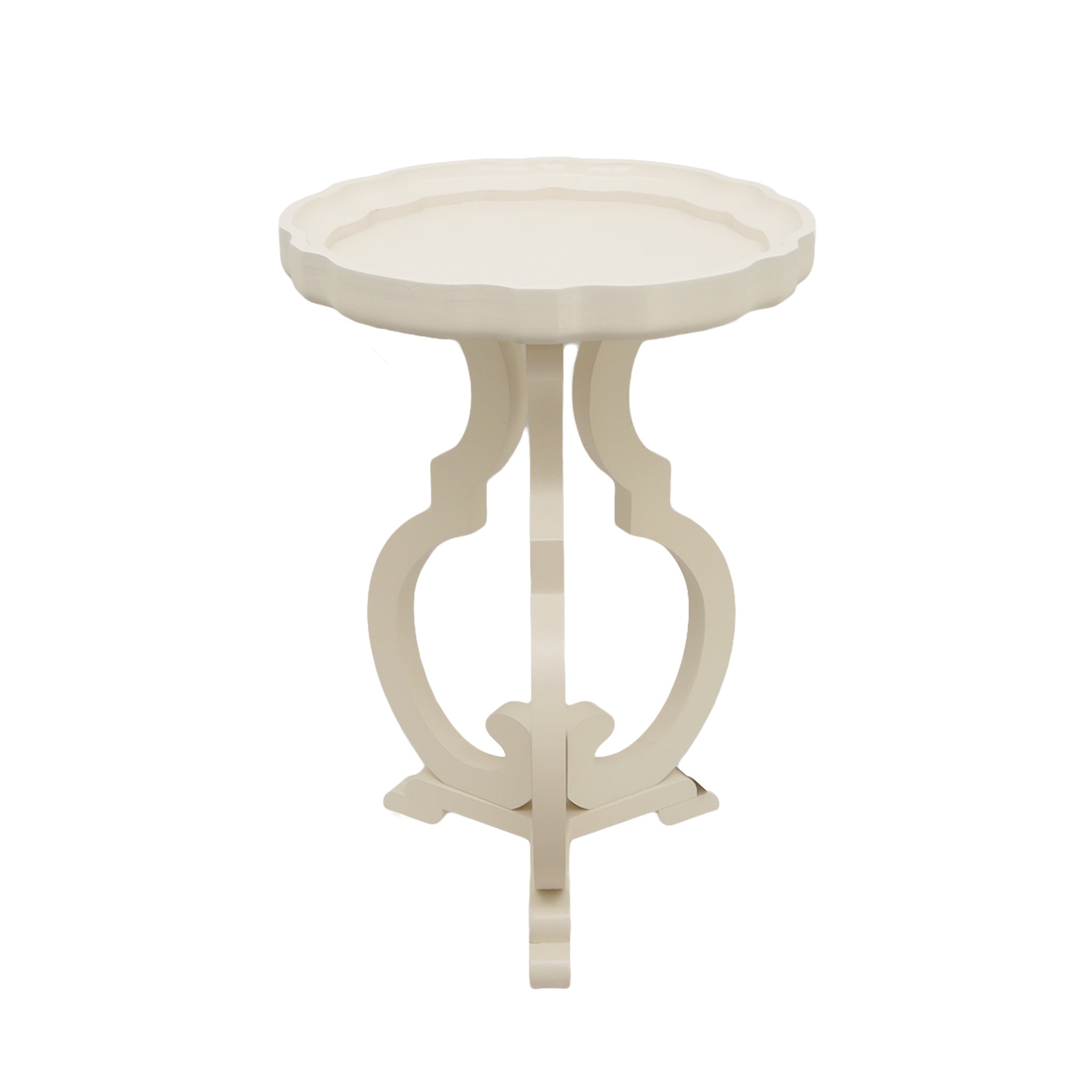 French Country Wood Side Table with Scalloped Edge Tray Top and Curved Legs