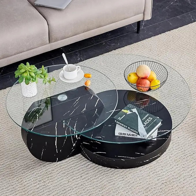 Coffee Tables for Living Room - Round Glass Coffee Table with Wooden Base Mid-Century Modern End Table 3-Tier Round Coffee Table