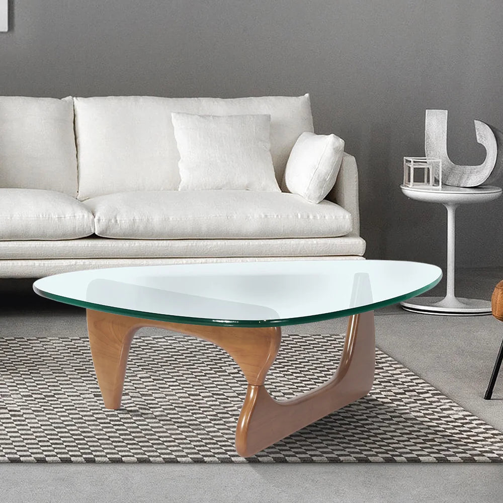 Triangle Glass Table Coffee Table Solid Wood Base Walnut and Clear Glass Top Modern End Table for Living Room, Patio, Study