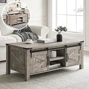 48" Farmhouse Lift Top Coffee Table with Sliding Barn Door,Rustic Center Table with Hidden Storage Compartment,Lifting Table