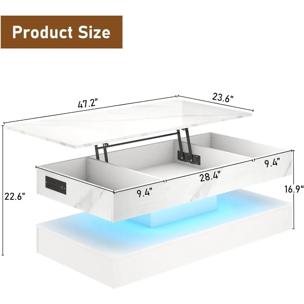 47.2" Large Lift Top Coffee Table with Charging Station, LED Modern High Glossy Center Table with Hidden Compartment Storage