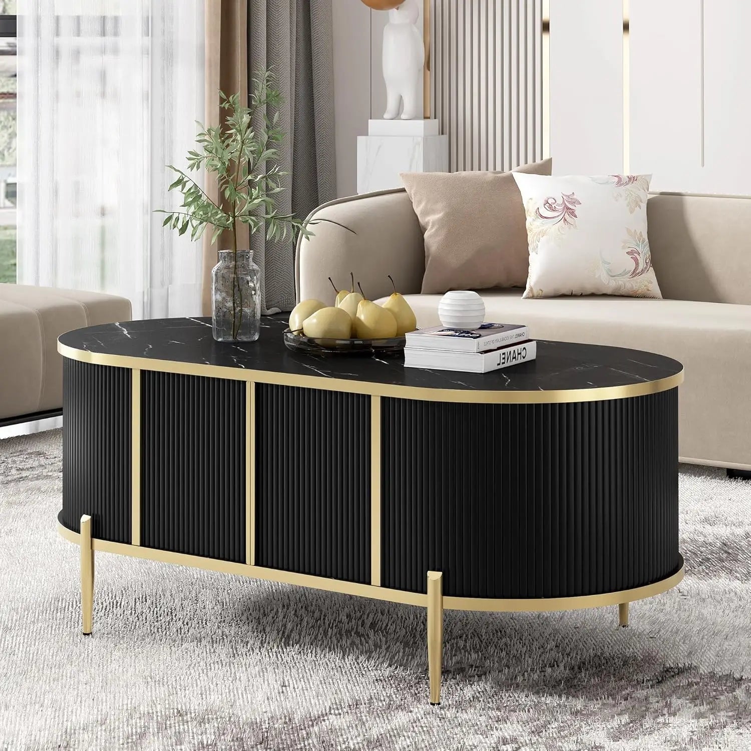 Oval Groove Coffee Table, Marble Patterned Top, 2 Cabinets and Metal Legs, Modern Luxury Center Table with Storage Space