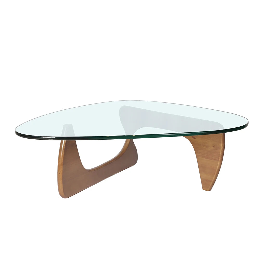 Triangle Glass Table Coffee Table Solid Wood Base Walnut and Clear Glass Top Modern End Table for Living Room, Patio, Study