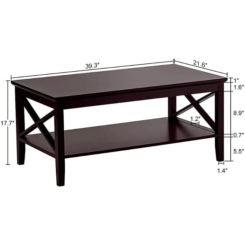 Coffee Table with Thicker Legs, Espresso Wood Coffee Table with Storage for Living Room 40 Inches