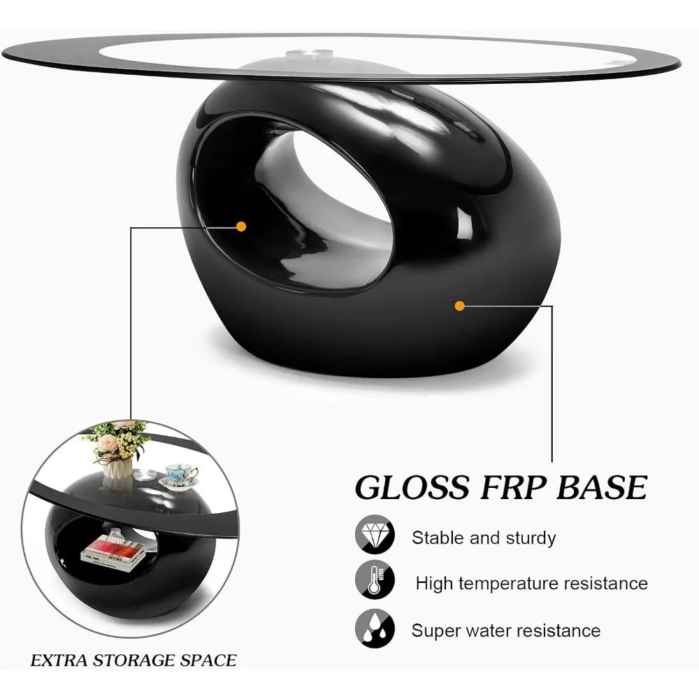 Oval Glass Coffee Table with High Gloss Hollow Base & Tempered Glass Top, Side Table for Living Room, Sitting Room, Bla