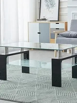 Tempered Glass Tabletop Stainless Steel Tube, 2-Tier Tea Table, Modern Center Side Table w/Lower Shelf & Wooden Legs