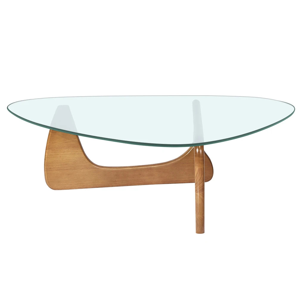 Triangle Glass Table Coffee Table Solid Wood Base Walnut and Clear Glass Top Modern End Table for Living Room, Patio, Study