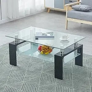 Tempered Glass Tabletop Stainless Steel Tube, 2-Tier Tea Table, Modern Center Side Table w/Lower Shelf & Wooden Legs