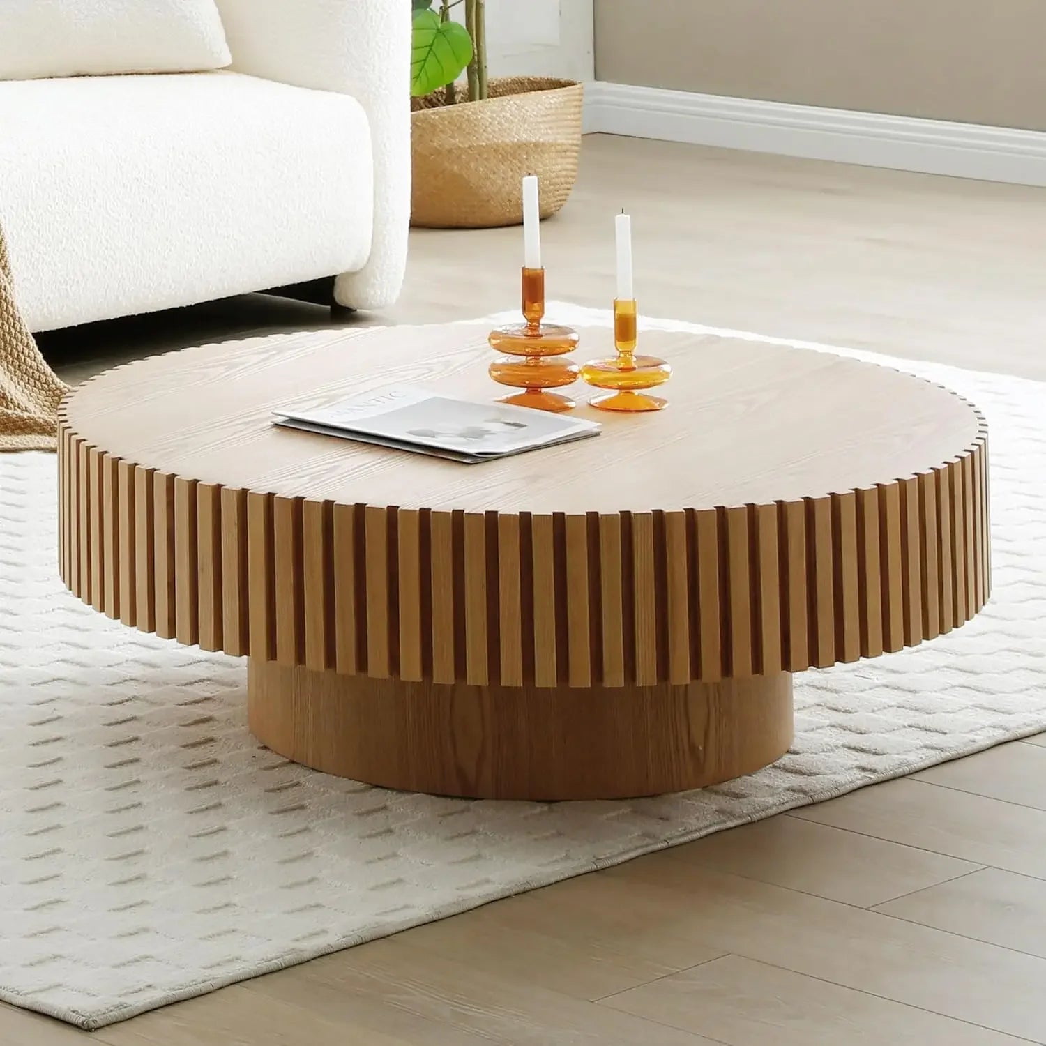 31.49" Walnut Round Coffee Table, Modern Luxury Wood Circle Drum Center Table for Living Room