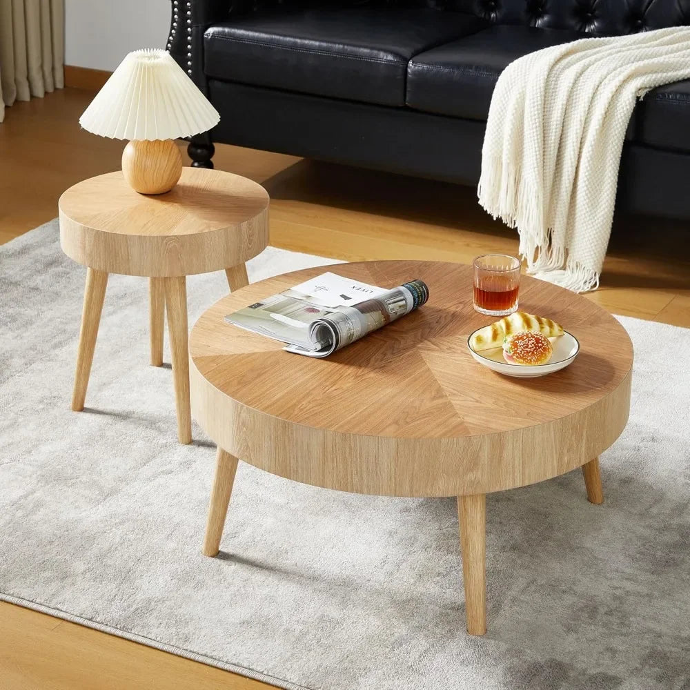 Nesting Round Coffee Table Set of 2, Farmhouse Modern Coffee Table, Natural Wood Nesting Tables Boho Side Table End Table Set