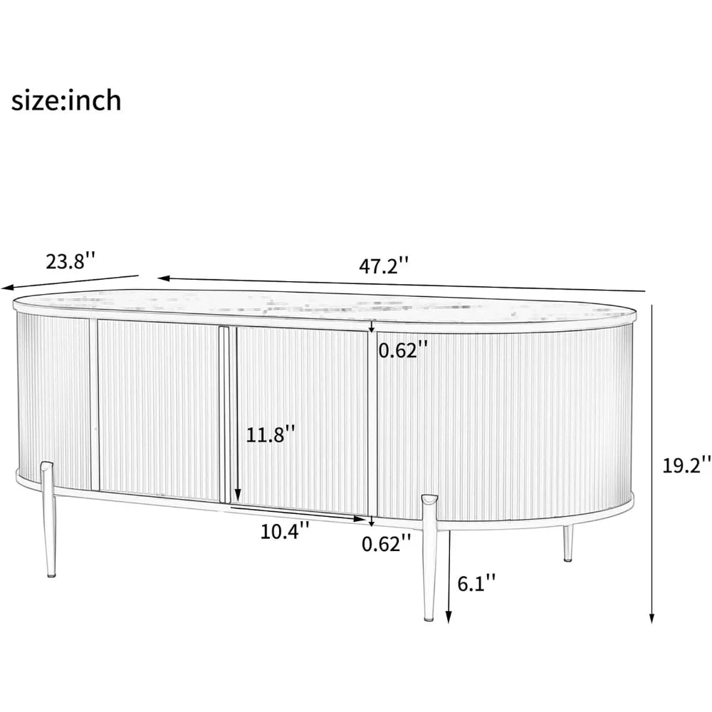 Oval Groove Coffee Table, Marble Patterned Top, 2 Cabinets and Metal Legs, Modern Luxury Center Table with Storage Space