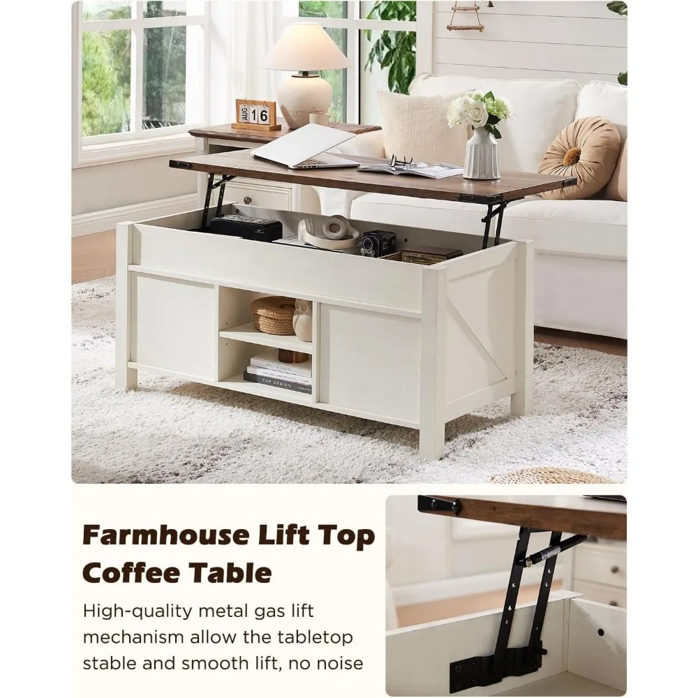 48" Farmhouse Lift Top Coffee Table with Sliding Barn Door,Rustic Center Table with Hidden Storage Compartment,Lifting Table