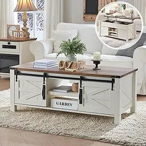 48" Farmhouse Lift Top Coffee Table with Sliding Barn Door,Rustic Center Table with Hidden Storage Compartment,Lifting Table