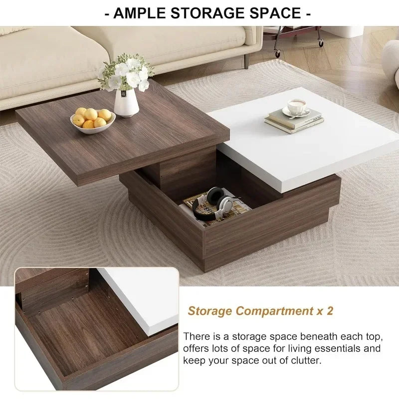 Modern Coffee Table with Hidden Storage, Creative Rotating Top Center Cocktail Table for Living Room Office Furniture