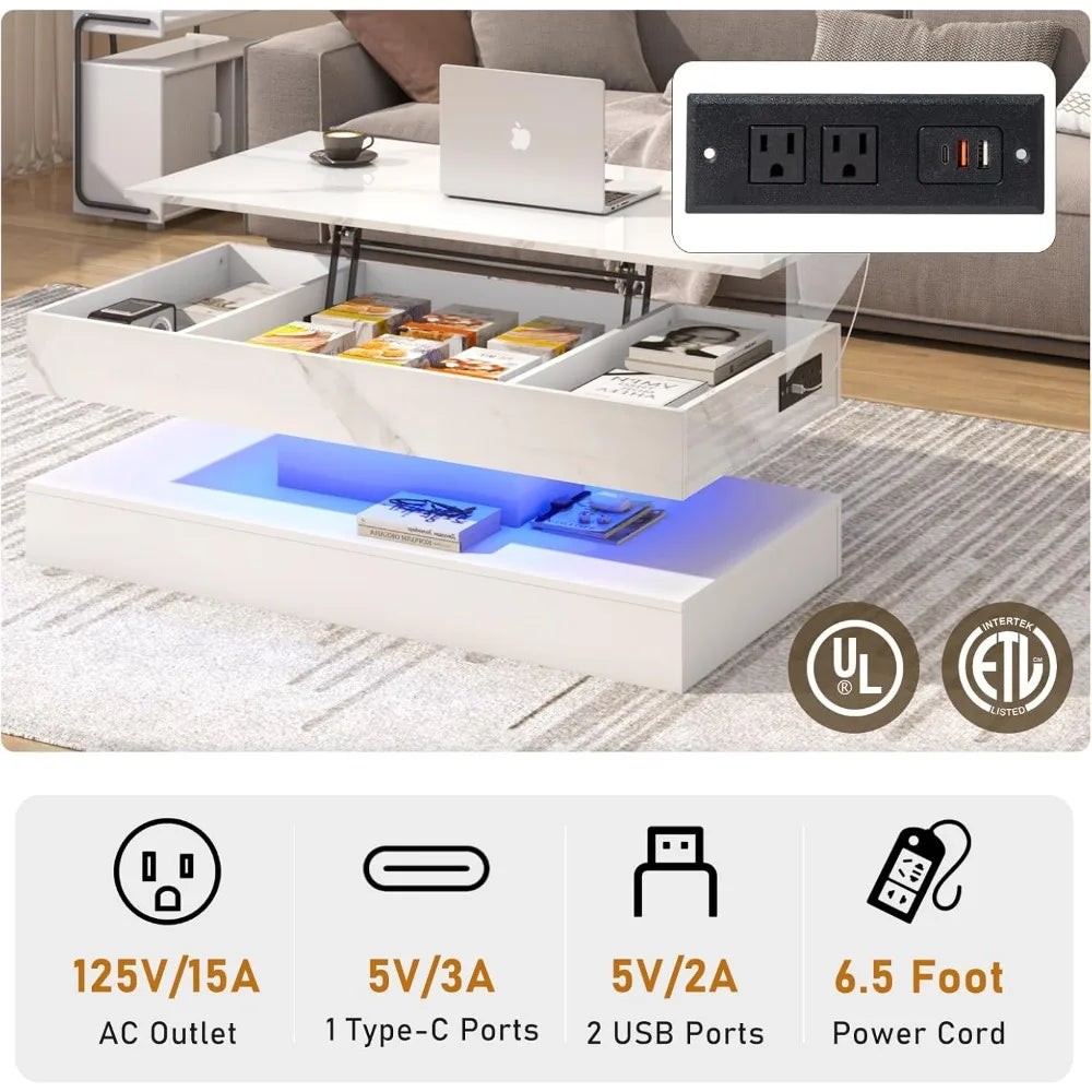 47.2" Large Lift Top Coffee Table with Charging Station, LED Modern High Glossy Center Table with Hidden Compartment Storage