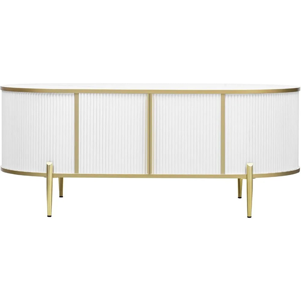 Oval Groove Coffee Table, Marble Patterned Top, 2 Cabinets and Metal Legs, Modern Luxury Center Table with Storage Space