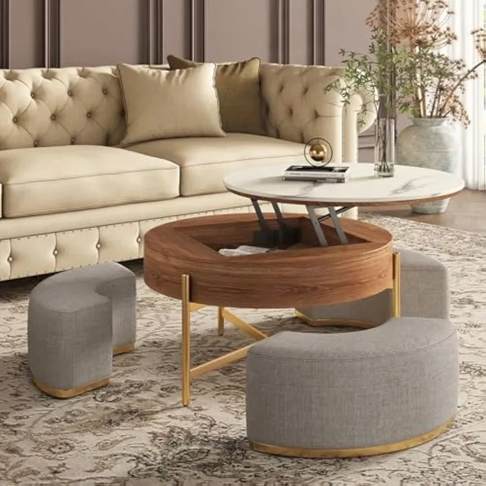 Coffee Table Set, Round Marble Tables with Storage and Nesting Ottomans, Lift Top Coffee Table Set