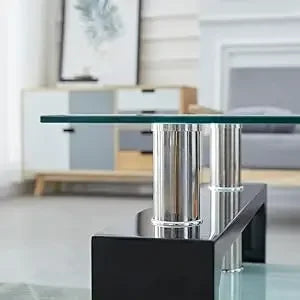 Tempered Glass Tabletop Stainless Steel Tube, 2-Tier Tea Table, Modern Center Side Table w/Lower Shelf & Wooden Legs