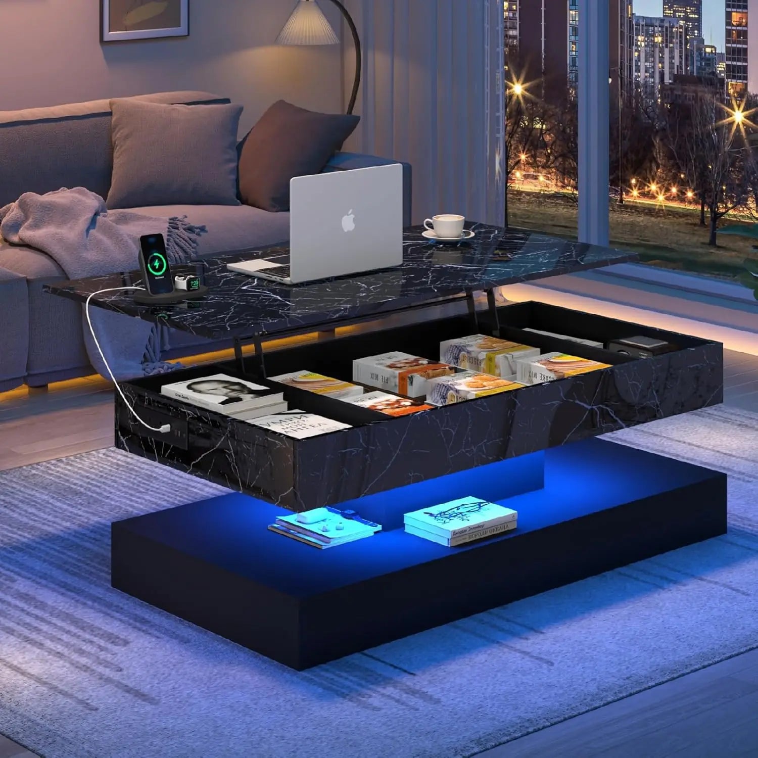 47.2" Large Lift Top Coffee Table with Charging Station, LED Modern High Glossy Center Table with Hidden Compartment Storage