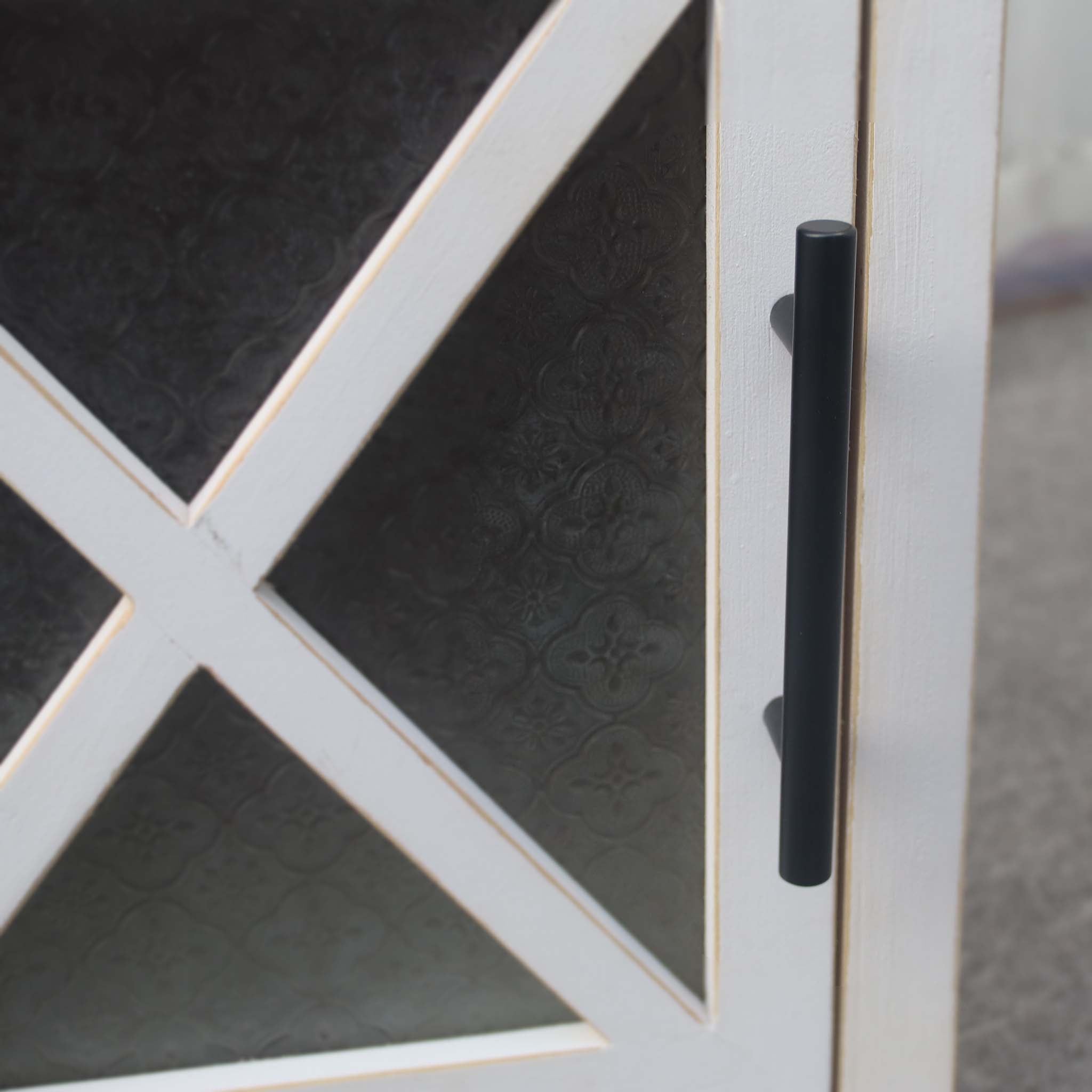 Farmhouse Wooden Side Table with X-Designed Glass Door and Storage Basket