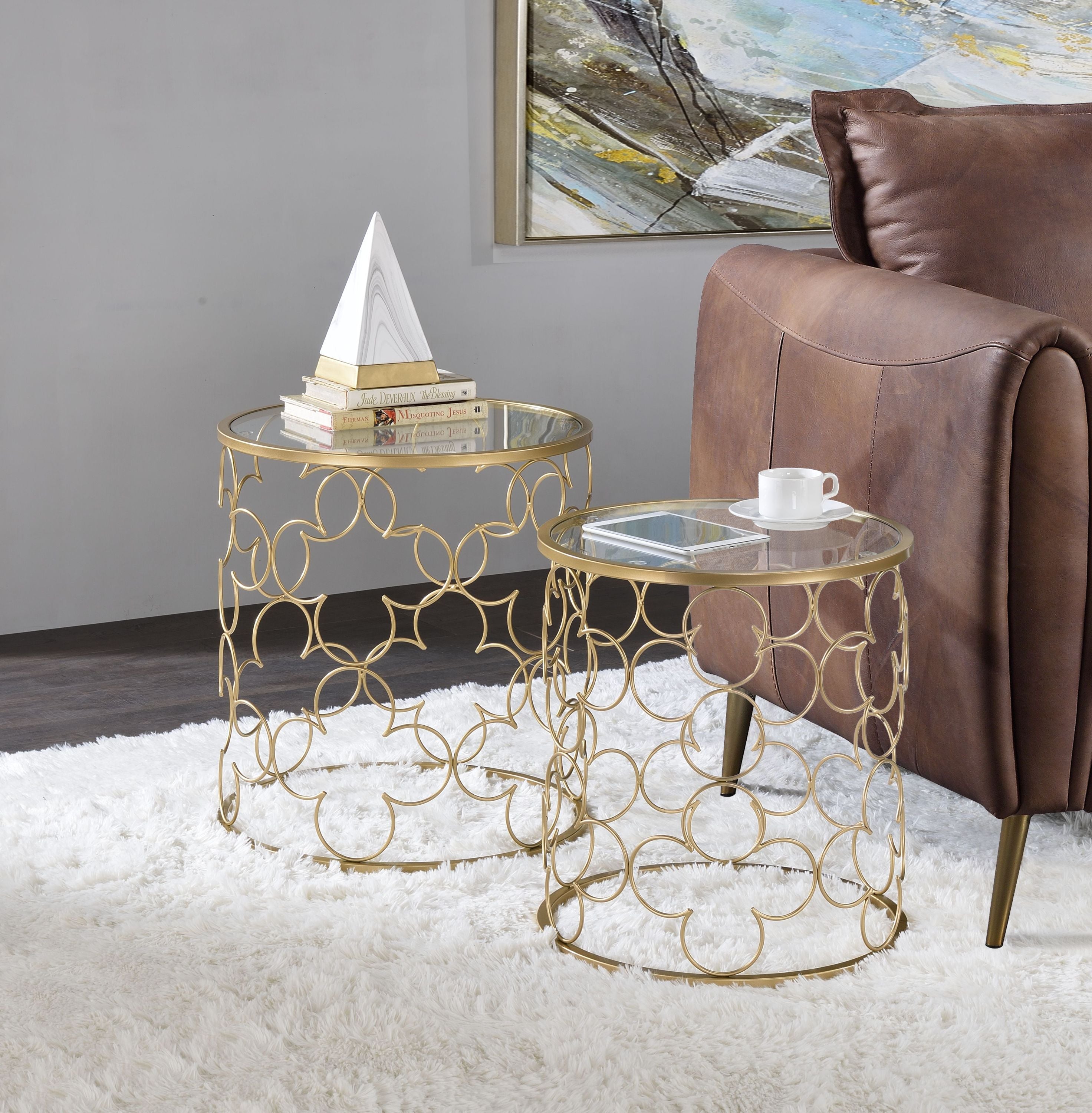 Flowie Clear Glass Top Gold Finish Nesting Table